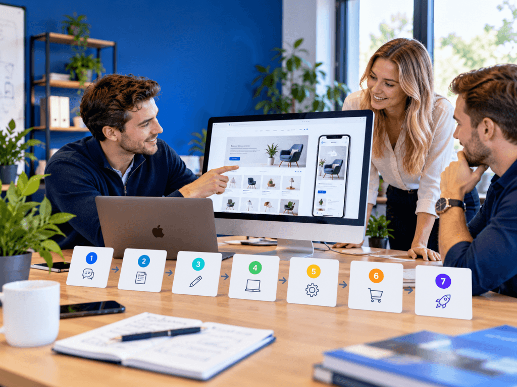 Drie mensen bespreken een websiteontwerp, met zeven genummerde stappen op tafel.